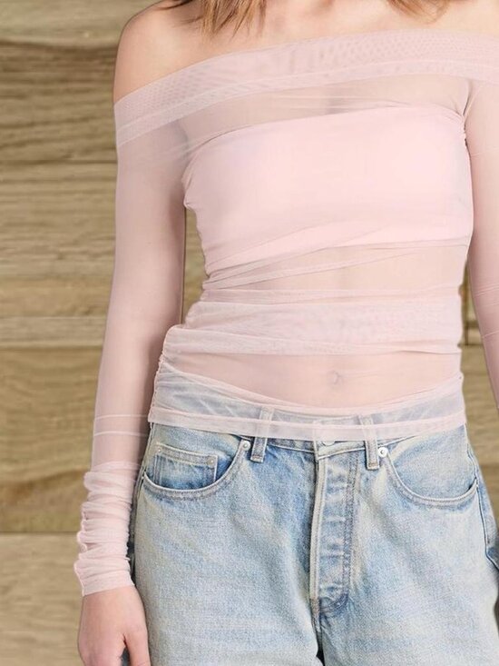 Pixie Market Lydia off the shoulder sheer top in dusty pale pink ⭐️ NWT size: s - Picture 2 of 4